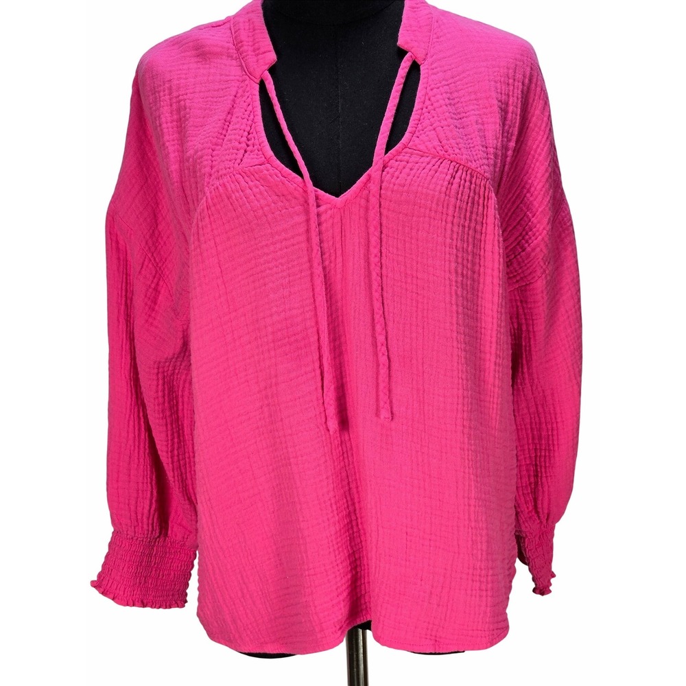 Women's Evereve‎ Medium Pink Double Gauze Tie Neck Top Boho Peasant